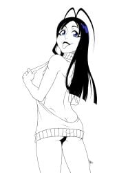 1boy ass ass bleach bleach:_the_thousand-year_blood_war blue_eyes femboy giselle_gewelle looking_at_viewer looking_back looking_back_at_viewer octo solo solo_focus solo_male sweater tongue_out virgin_killer_sweater