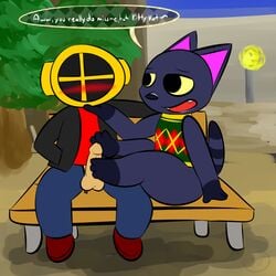 1-upclock animal_crossing balls blush clothed clothing duo erection feet feline female foot_fetish footjob fur hair handjob kiki_(animal_crossing) male mammal nintendo open_mouth penis simple_background smile straight text video_games