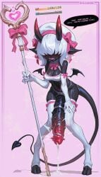 accessory armwear black_body bodily_fluids clothing cock_ring demon dripping elbow_gloves exhausted full-length_portrait gameplay_mechanics genital_fluids genitals gloves gui hair hair_over_eyes handwear health_bar herm hi_res hooves horn humanoid intersex jewelry mana_bar penis penis_accessory penis_jewelry pink_background portrait precum precum_drip reagan_long sharp_teeth simple_background solo spade_tail spiked_penis spikes spikes_(anatomy) staff standing tail teeth white_clothing white_gloves white_hair white_handwear womb_tattoo