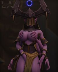 1girls 3d asara_(warcraft) big_breasts blizzard_entertainment female female_only fingering_self holding_breasts lucionart masturbation purple_skin shivarra solo warcraft world_of_warcraft