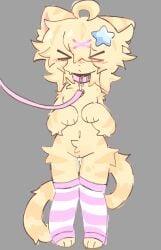 >_< 1girls anthro collar cum_between_legs cum_between_thighs fluffy furry kiyuki_(lumieiyay) leash long_tail nude on_leash paws pink_collar pink_leash pink_stockings pussy socks socks_only stockings yellow_fur young younger_female