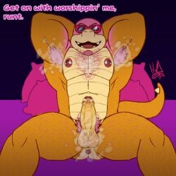 1:1 anthro anus arm_hair armpit_fetish armpit_focus armpit_hair bald balls body_hair chest_hair dialogue dropsofmoonlight erection eyewear facial_hair fangs foreskin genitals goatee hairy hi_res koopa koopaling leg_hair male mario_bros muscular musk musky_anus musky_armpit musky_balls musky_penis nintendo nipple_piercing nipples penis piercing pillow pubes roy_koopa scalie smegma smegma_in_foreskin solo spread_legs spreading sunglasses tanned_skin teeth uncircumcised