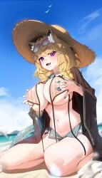 1girls animal_ears areola_slip areolae areolae_visible_through_clothing arknights beach belly big_breasts bikini blonde_hair blush bra braided_hair breasts dutch_angle ear_fluff ett fangs female female_only hands_on_breasts hands_on_own_breasts hat highres huge_breasts kemonomimi kneeling knees large_breasts legs light-skinned_female light_skin long_tail looking_at_viewer looking_down looking_down_at_viewer magenta_eyes nail_polish navel necklace nipples nipples_visible_through_clothing open_mouth open_smile outdoors outside partially_clothed pendant purple_eyes seductive see-through see-through_bra shorts sky smile solo stomach straw_hat sunglasses_on_head swimsuit tail thick_thighs thighs thin_tail turquoise_nails unbuttoned_shorts untied untied_bikini utage_(arknights) utage_(summer_flowers)_(arknights) waist