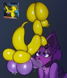 absurd_res animate_inanimate anthro aujko balloon balls bodily_fluids cheek_tuft deer dripping duo facial_tuft fellatio fur genitals hair hi_res highlights_(coloring) horn horn_grab inflatable living_inflatable lyg_(aujko) male male/male mammal new_world_deer oral oral_penetration penetration penile penis pudu purple_body purple_eyes purple_fur purple_hair purple_penis saliva saliva_drip saliva_on_penis saliva_string sex shaded simple_background tuft yellow_body