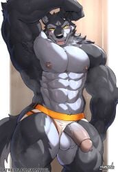 2023 5_fingers abs alex_(kamyuelo) anthro areola armpit_hair artist_name balls barazoku biceps biped black_body black_fur blush bodily_fluids body_hair bulge canid canine canis clothed clothing clothing_aside colored facial_tuft fingers front_view fur genitals glans grey_body grey_fur half-erect heart_symbol hi_res humanoid_genitalia humanoid_hands humanoid_penis jockstrap jockstrap_aside jockstrap_only kamyuelo looking_at_viewer low-angle_view male mammal muscular muscular_anthro muscular_male muscular_thighs navel nipples open_mouth pecs penis presenting presenting_penis shaded signature standing sweat tail text thick_thighs topless topless_anthro topless_male tuft underwear underwear_aside underwear_only vein veiny_penis wolf yellow_eyes