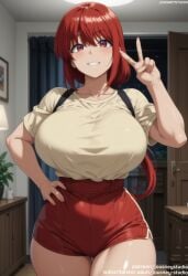 ai_generated bangs blush breasts closed_mouth clothing cowboy_shot curtains curvaceous female female female_only grin hair_between_eyes hand_on_hip high-waist_shorts huge_breasts indoors jousneystudio large_breasts long_hair looking_at_viewer night obata_natsumi original red_eyes red_hair red_shorts saimin_seishidou shiny shirt shirt_tucked_in short_shorts short_sleeves shorts sidelocks smile solo standing thick_thighs thigh_gap thighs v web_address white_shirt wide_hips window