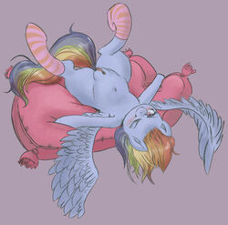 2015 blush clothing cushion equine feathered_wings feathers female friendship_is_magic hair legwear looking_at_viewer lying mammal multicolored_hair my_little_pony navel on_back one_eye_closed pegasus poneebutz pussy rainbow_dash_(mlp) rainbow_hair simple_background socks solo straight_hair striped striped_legwear striped_socks stripes wings wink