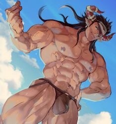 animal_ears balls bara bulge cow_ears draph flaccid granblue_fantasy horns male male_only muscles muscular penis reinhardtzar rybiok solo solo_male sweat sweating