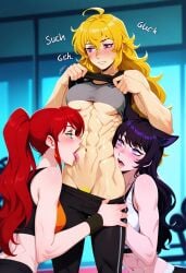 3girls black_hair blake_belladonna blonde_hair catgirl green_eyes lavender_eyes omegashadowz pyrrha_nikos red_hair rwby yang_xiao_long