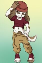 2025 2:3 anthro beanie biped black_clothing black_shirt black_topwear bottomwear brown_bottomwear brown_clothing brown_pants brown_spots canid canine canis claws clothed clothing daigaijin domestic_dog ear_piercing ear_ring erection erection_under_clothing floppy_ears front_view hat headgear headwear hi_res looking_at_viewer male mammal markings pants piercing pubes ring_piercing shirt simple_background solo spots spotted_body standing toe_claws topwear white_body