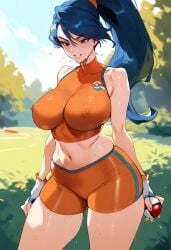 2d ai_generated battle_girl_(pokemon) bike_shorts female female_focus female_only human_only pokeball pokemon ponytail skin_tight solo solo_female solo_focus sports_bra tagme