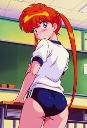 ai_generated ass ass_focus bangs blue_buruma blue_eyes blush breasts buruma chalkboard classroom clothing cowboy_shot desk female female from_behind gym_uniform hair_bobbles hair_ornament huge_ass indoors jigoku_sensei_nube kyoko_inaba long_hair looking_at_viewer looking_back orange_hair ponytail red_hair retro_artstyle school_desk school_uniform shirt short_sleeves shounen_jump solo sportswear standing tied_hair twintails uniform white_shirt