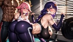 1boy 2girls abs ai_generated animal_ears ass bare_shoulders bent_over black_sports_bra blush braid braided_ponytail breast_tattoo breasts chest_tattoo choker cleavage closed_mouth dark-skinned_male dark_skin detached_sleeves earrings exercise female fox_ears gym hair_between_eyes hair_ornament hanging_breasts huge_ass huge_breasts interracial japanese_clothes jewelry large_breasts long_hair looking_at_viewer male meitabuu mole mole_on_breast mole_under_eye multiple_girls muscular muscular_male pants pink_hair purple_eyes purple_hair qos queen_of_spades raiden_shogun spade_tattoo sports_bra straight sweat tattoo thick_thighs thighs very_long_hair weightlifting yae_miko yoga_pants