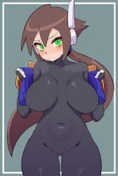 aile alternate_breast_size blush breasts_apart buzzlyears clenched_hand dot_mouth embarrassed functionally_nude huge_breasts looking_away mega_man mega_man_zx sweatdrop