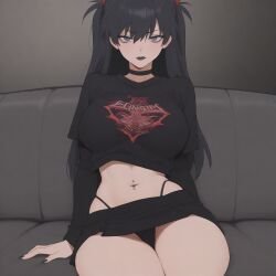 1girls ai_generated annoyed asuka_langley_sohryu black_hair black_lipstick blue_eyes choker egirl female_only goth goth_asuka large_breasts light-skinned_female miniskirt navel_piercing neon_genesis_evangelion solo_female thong