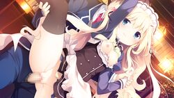 1boy apron aqua_eyes blazer blonde_hair blush bra bra_lift breasts breasts_out bunny_hair_ornament censored double_bun dutch_angle female flower game_cg hair_flower hair_ornament hair_ribbon hairclip hidden_face juliet_sleeves koi_kakeru_shin-ai_kanojo komari_yui long_hair long_sleeves maid_headdress mosaic_censoring no_panties open_fly penis puffy_sleeves ribbon school_uniform sex shiratama_(shiratamaco) small_breasts straight thighhighs two_side_up underwear unzipped very_long_hair waist_apron waitress wavy_mouth wrist_grab