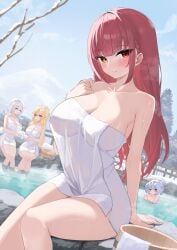 4girls arm_support blush breasts collarbone commentary elf heterochromia highres hololive hololive_fantasy houshou_marine human_only large_breasts long_hair looking_at_viewer multiple_girls naked_towel onsen oritonagi outdoors pointy_ears red_eyes red_hair same-sex_bathing shared_bathing shiranui_flare shirogane_noel sitting symbol-only_commentary thighs towel usada_pekora virtual_youtuber yellow_eyes