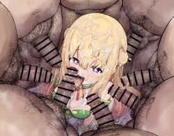 1girls blonde_hair blue_eyes censor_bar censored cum cum_in_mouth cum_on_body heart-shaped_pupils multiple_boys multiple_penises neptunia_(series) open_mouth pleasure_face pubic_hair smegma surrounded_by_penises tongue_out veiny_penis vert