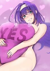 1girls fire_emblem fire_emblem:_path_of_radiance fire_emblem:_radiant_dawn green_eyes hairband large_breasts looking_at_viewer mia_(fire_emblem) nintendo pillow pillow_grab pillow_hug purple_hair thick_thighs thighs vialnite yes_pillow