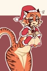 animal_ears animal_feet body_fur breasts furry furry_female highres nipples reccand santa_costume tail tiger tiger_ears tiger_tail