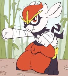 2019 action_pose animal_genitalia anthro balls bamboo bamboo_tree big_balls biped black_markings black_nose cinderace cute_fangs digitigrade facial_markings fangs fuf generation_4_pokemon generation_8_pokemon genitals hand_wraps head_markings hi_res huge_balls hybrid hyper hyper_balls hyper_genitalia leg_markings looking_at_viewer male markings mask_(marking) multicolored_body nintendo plant pokemon pokemon_(species) pose red_body riolu sheath socks_(marking) solo teeth tree two_tone_body white_body wraps