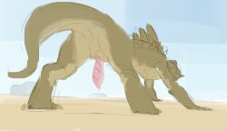 5_fingers absurd_res all_fours anthro anus bethesda_game_studios deathclaw desert fallout fingers genitals hecreat hi_res horn male microsoft penis rear_view scalie sky solo solo_male tagme tail