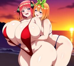 2girls :d ai_generated beach bikini blush closed_mouth flying_sweatdrops gigantic_breasts go-toubun_no_hanayome groping_breasts groping_from_behind half-closed_eyes looking_away looking_back multiple_girls nakano_miku nakano_nino naughty_smile navel nervous open_mouth outdoors plunging_neckline sisters stable_diffusion swimsuit thick_thighs wide_hips worried yuri