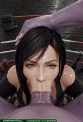 1boy 1girls :>= ai_generated asian asian_female black_hair blowjob boxing_gloves boxing_ring cleavage crossover deepthroat fellatio grabbing_head gym gym_clothes half-closed_eyes huge_cock kisuco paag pale-skinned_female pov_eye_contact purple_skinned_male red_eyes squatting thanos tifa_lockhart tight_clothing tight_pants vacuum_fellatio wrestling_ring