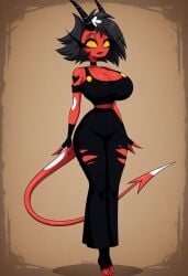 ai_generated alternate_breast_size big_breasts black_hair breasts cleavage curvy curvy_female curvy_figure demon demon_girl demon_horns demon_tail helluva_boss imp large_breasts millie_(helluva_boss) red_skin red_skinned_female smile tail teeth vivziepop