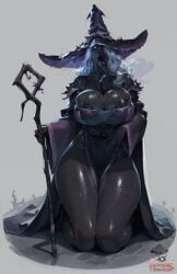 ai_generated aiporndude big_breasts breasts censored dark_skin elden_ring elden_ring_nightreign long_tongue partially_exposed_breasts recluse_(nightreign) saliva saliva_trail staff tagme voluptuous_female white_hair witch_hat