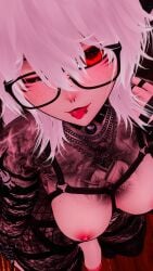 bell breasts breasts_out choker cock dick female female_focus female_only fishnets from_above futa_only futanari glasses glowing_eyes looking_at_viewer necklace nipple_piercing nipples penis piercing red_eyes tattoo tattoos thick_thighs thighs tongue tongue_out vrchat vrchat_avatar white_hair