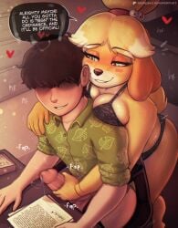 1boy 1girls animal_crossing anthro black_hair blonde_hair blush bra breasts canid canine clothing comic domestic_dog female fur furry green_eyes heart human human_on_anthro interspecies interspecies_sex isabelle_(animal_crossing) male nintendo penis ponytail precum smile tail underwear whisperfoot yellow_body yellow_fur