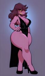 1girl aged_up ai_generated black_dress black_heels blush busty curvy deltarune dress female female_only hand_on_hip heels large_breasts large_thighs long_hair messy_hair monster monster_girl pixai purple_background purple_skin sharp_fingernails sharp_teeth simple_background solo susie_(deltarune) undertale_(series) yellow_body yellow_teeth