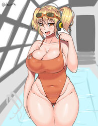 1girls bimbo blonde_hair breasts burakku-ra busty cleavage curvy female goggles headphones hourglass_figure large_breasts navel nitroplus plump pool smile solo standing super_pochaco swimsuit thigh_gap tied_hair twintails voluptuous