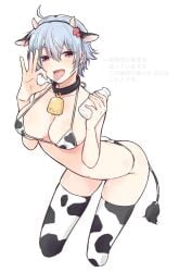 alternate_costume big_breasts bikini blush canon_genderswap cleavage collar cow_ears cow_girl cow_horns cow_print cow_print_bikini cow_print_thighhighs cow_tail cowbell fellatio_gesture female female_only genderswap_(mtf) ginko_sakata gintama gintoki_sakata looking_at_viewer milk milk_bottle open_mouth red_eyes rule_63 short_hair smile solo thighhighs tongue_out very_short_hair white_hair yunfa