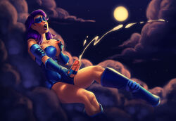 1futa blue_boots blue_gloves boots clouds cum cumshot futa_only futanari intersex mask masturbation moon night night_sky nipple_pinch purple_hair purple_lips sky solo testicles the_phantom_futa thick_thighs uncensored zombiepirate