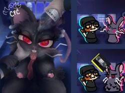 anthro black_fur bodily_fluids breasts bus calico_cat camille_(fortnite) chibi colorful_crow comic comic_page drugged emo fortnite interspecies meme meow_skulls meow_skulls_(fortnite) mouse nipples nude open_mouth piercing rodent substance_intoxication thinner thumb_in_mouth tongue tongue_out whiskers