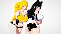 2girls black_hair black_hair_female blake_belladonna blonde_female blonde_hair bow canon_couple different_breast_sizes gym_clothes gym_clothing gym_shorts gym_uniform hand_on_butt nakadashi_(artist) ponytail purple_eyes rwby yang_xiao_long yellow_eyes