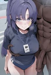 1boy 1girls ai_generated ass big_breasts blue_archive blue_eyes breasts dark-skinned_male fellatio_gesture female female_focus huge_breasts huge_cock large_breasts long_hair looking_at_viewer looking_pleasured millennium_science_school_student ponytail purple_hair seminar_(blue_archive) thick_thighs thighs yuuka_(blue_archive)
