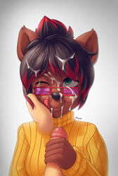 :p anthro black_hair brown_fur canine cum cum_on_glasses cum_on_hair derpah disembodied_hand facial furry green_eyes hand_on_another's_face handjob human human_on_anthro jasira original penis red_hair ribbed_sweater short_hair smile solo_focus sweater tongue tongue_out two_tone_hair wince wolf