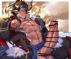 animal_ears balls bara big_balls big_penis boner censored_penis cow_ears disembodied_hands draph erection firenzesaika granblue_fantasy horns huge_cock male male_only muscles muscular penis penis_out reinhardtzar