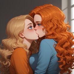 2girls absurd_res ai_generated big_breasts blonde_hair blu blue_eyes blue_shirt blush blush blushing_at_partner blushing_female breasts breasts_size_difference curly_hair dark_room freckles freckles_on_face french_kiss french_kissing ginger ginger_hair hi_res highres lesbian_kiss light-skinned_female light_skin long_hair looking_at_partner looking_pleasured orange_hair orange_shirt pony_diffusion_xl pressing_breasts_together window yuri