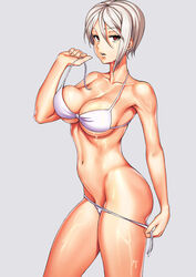 absurdres bikini breasts cleavage female legendarysoulii looking_at_viewer nakiri_alice navel open_mouth red_eyes shokugeki_no_souma short_hair silver_hair solo undressing wet white_bikini