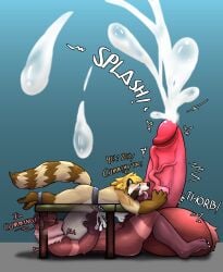 absurd_res anthro ass ball_lick balls big_balls big_penis blonde_hair bodily_fluids brown_body brown_fur chips_savacha cum domestic_ferret duo ejaculation excessive_cum excessive_genital_fluids fur furniture genital_fluids genitals green_eyes hair hi_res huge_balls huge_cock hybrid hyper hyper_balls hyper_genitalia hyper_penis kirione leaking_cum licking lying male male/male mammal markings mustelid musteline ngusommm nude on_back oral penile penis penis_lick penis_size_difference pink_eyes procyonid raccoon red_hair restrained restraints sex small_penis stoat striped_markings striped_tail stripes table tail tail_markings tongue true_musteline weasel yellow_body yellow_fur