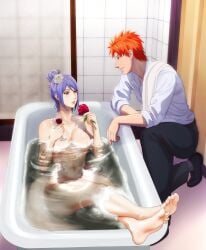 1boy 1girls akatsuki_(naruto) barefoot bath bathing bathroom bathtub before_sex blue_hair brown_eyes bubble_bath clothed_male_nude_female completely_nude completely_nude_female drink duo_focus eyeshadow feet fiercybelle flower flower_in_hair glasses hair_ornament holding_object kneeling konan long_hair looking_at_another looking_at_partner lying_on_back makeup male/female nail_polish naruto naruto_(series) naruto_shippuden nude nude_female orange_eyes orange_hair pants partially_submerged piercing romantic romantic_ambiance romantic_couple rose rose_(flower) shirt short_hair toes wine wine_glass yahiko