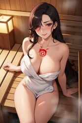 1girls ai_generated black_hair breasts chest_tattoo cleavage curvy curvy_figure dh_lucky from_above fullmetal_alchemist fullmetal_alchemist_brotherhood hair hair_over_one_eye long_hair lust_(fullmetal_alchemist) onsen red_eyes red_tattoo sauna sauna_bench sitting solo towel towel_only