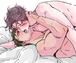 2boys blush closed_eyes green_hair haikyuu!! implied_sex kissing_neck male_only mintishp moan moaning no_visible_genitalia nude oikawa_tooru_(haikyuu!!) on_bed sweat ushijima_wakatoshi yaoi