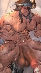 animal_ears balls bara big_balls big_penis boner censored_penis cow_ears cum draph erection firenzesaika granblue_fantasy horns huge_cock lactation male male_lactation male_only muscles muscular nude orgasm penis reinhardtzar solo solo_male sweat sweating