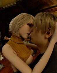 3d 3d_render about_to_kiss ashley_graham ashley_graham_(ella_freya) hand_in_hair kissing leon_scott_kennedy open_mouth resident_evil resident_evil_4_remake shirt_lift v01dwatcher