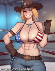 1girls 2d ai_generated alternate_breast_size american_flag_bikini big_breasts big_breasts big_breasts blonde_hair blue_eyes cowboy_hat dead_or_alive female ryogangg short_hair six_pack tina_armstrong